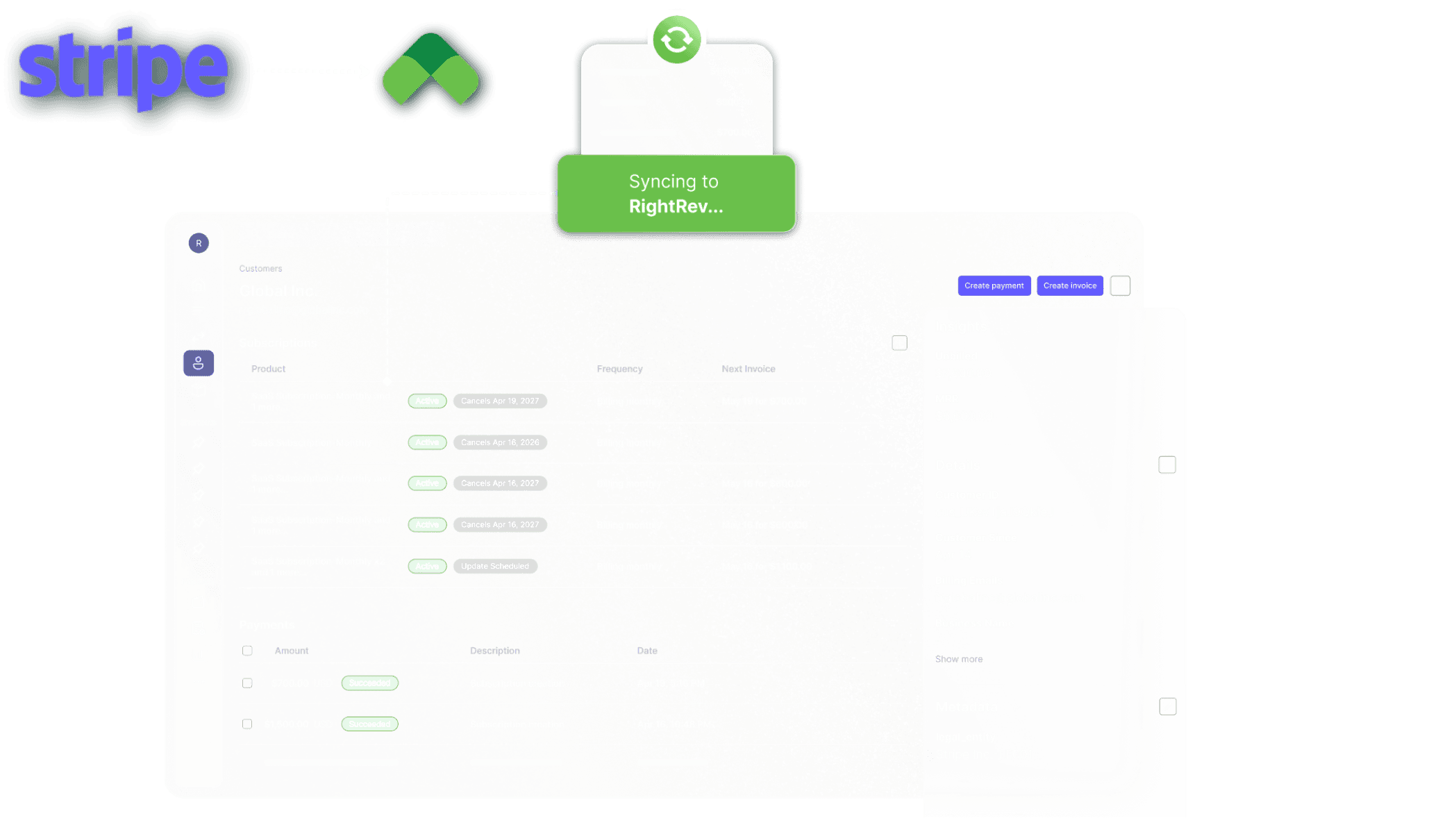 a mockup of stripe data syncing to RightRev for automated revenue recognition