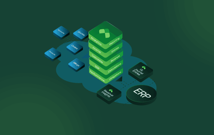 3D green diagram of a revenue management platform stack connected to ERP and revenue analytics systems, with inputs from tools like Salesforce, Zuora, QuickBooks, Oracle, and NetSuite.